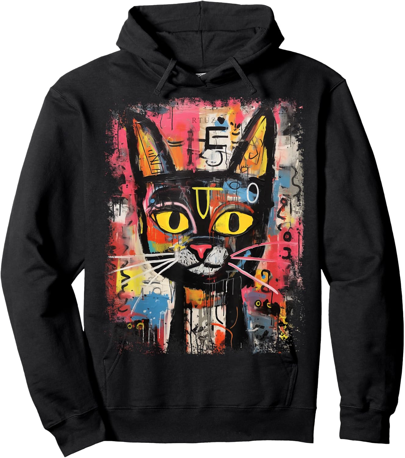 Y2K Streetwear Hip Hop Abstract Cat Pop Art Graffiti Cat Hoodie - Hoodie | Black