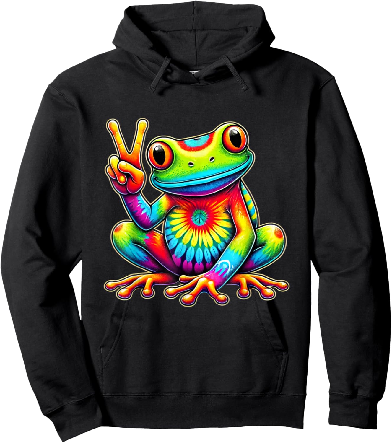 Tie-Dye Frog Holding Peace Sign Funny Hippie Hoodie - Hoodie | Black