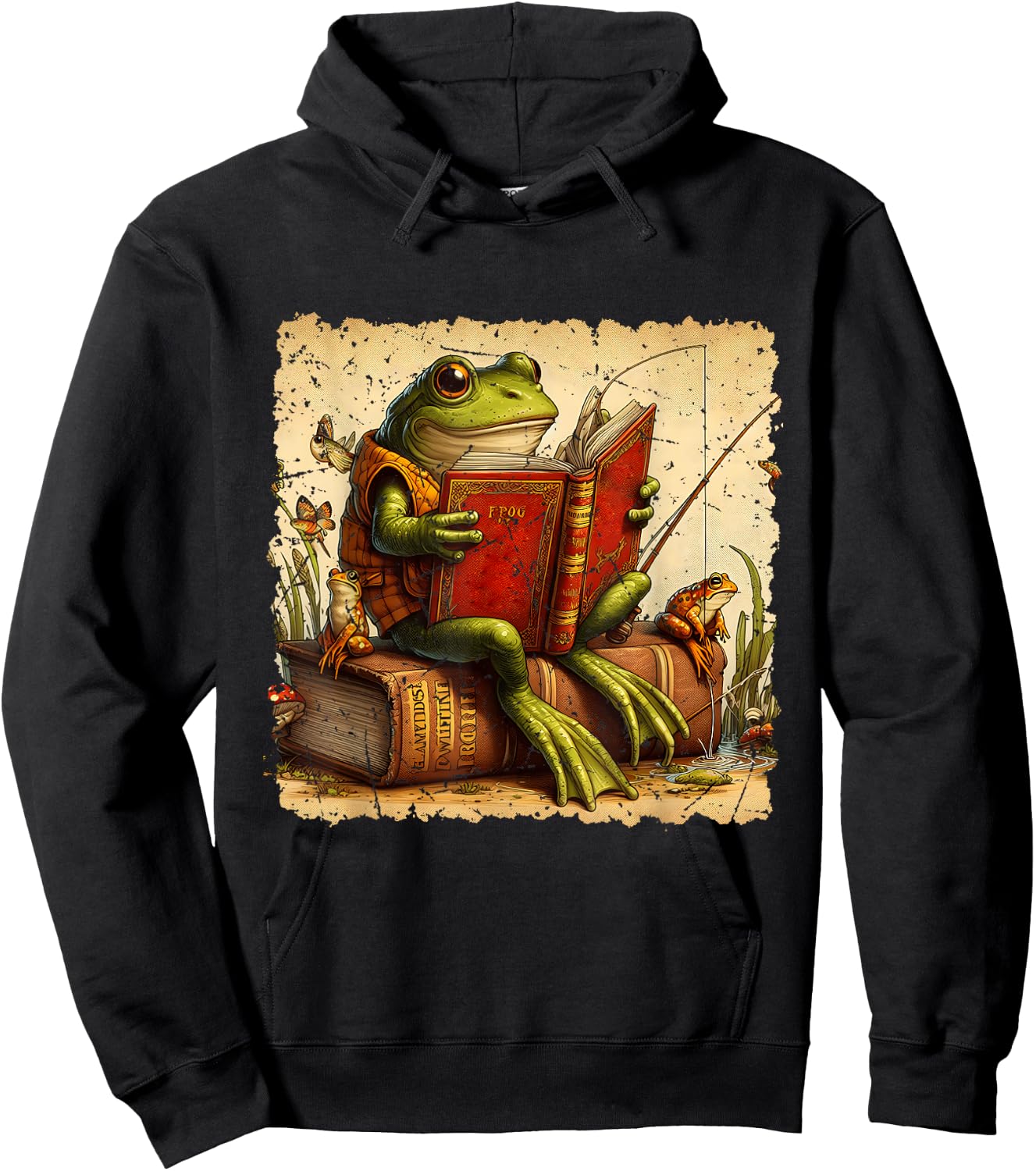 Frog & Toad Fishing Vintage Classic Book Frog Reading Book Hoodie - Hoodie | Black