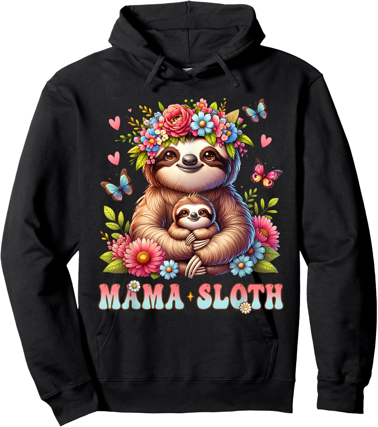 Mama Sloth Mother's Day Matching Floral Mommy Mom Hoodie - Hoodie | Black