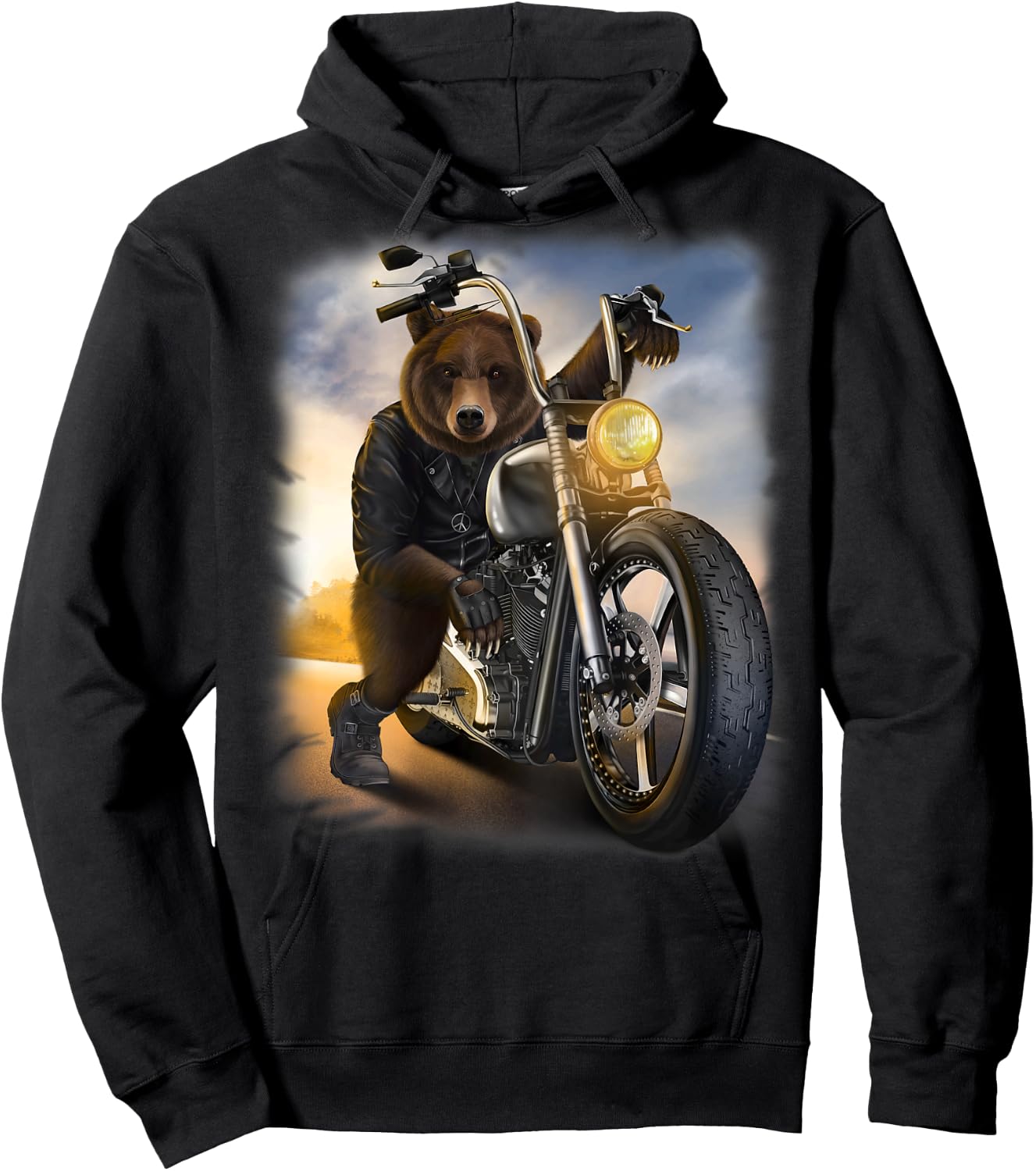 Grizzly Bear Riding Chopper Motorcycle at Sunset Hoodie - Hoodie | Black
