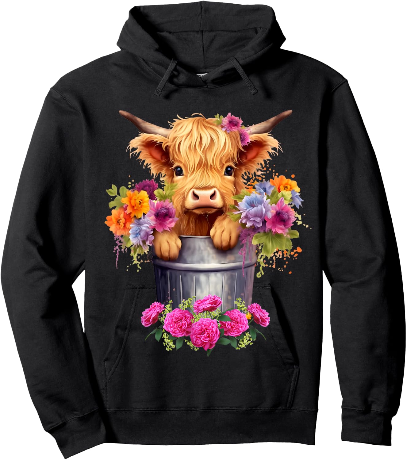 Cute Baby Highland Cow With flowers Calf Animal cow women Hoodie - Hoodie | Black