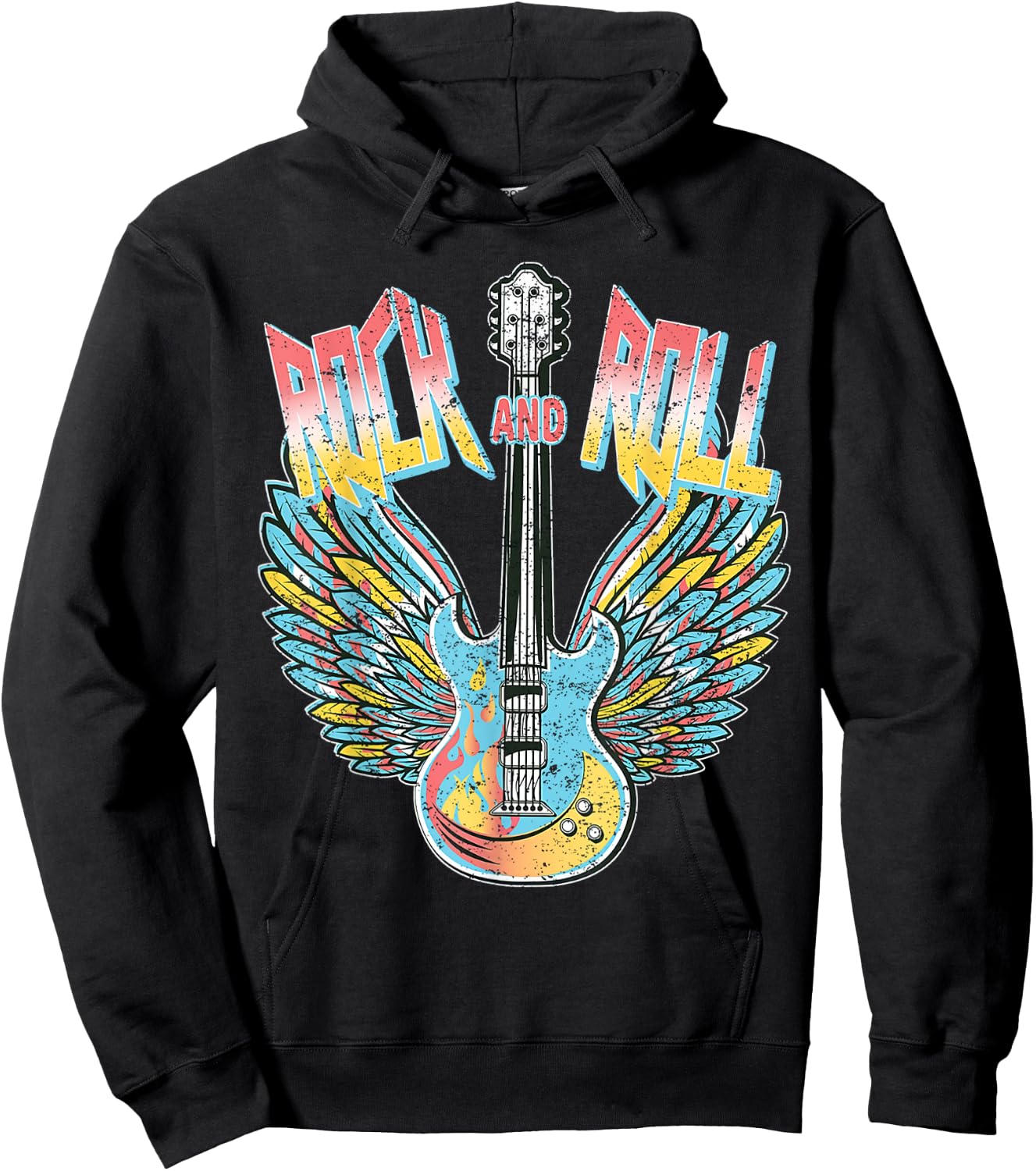 Vintage Retro 80s Rock & Roll Music Electric Guitar Wings Hoodie - Hoodie | Black