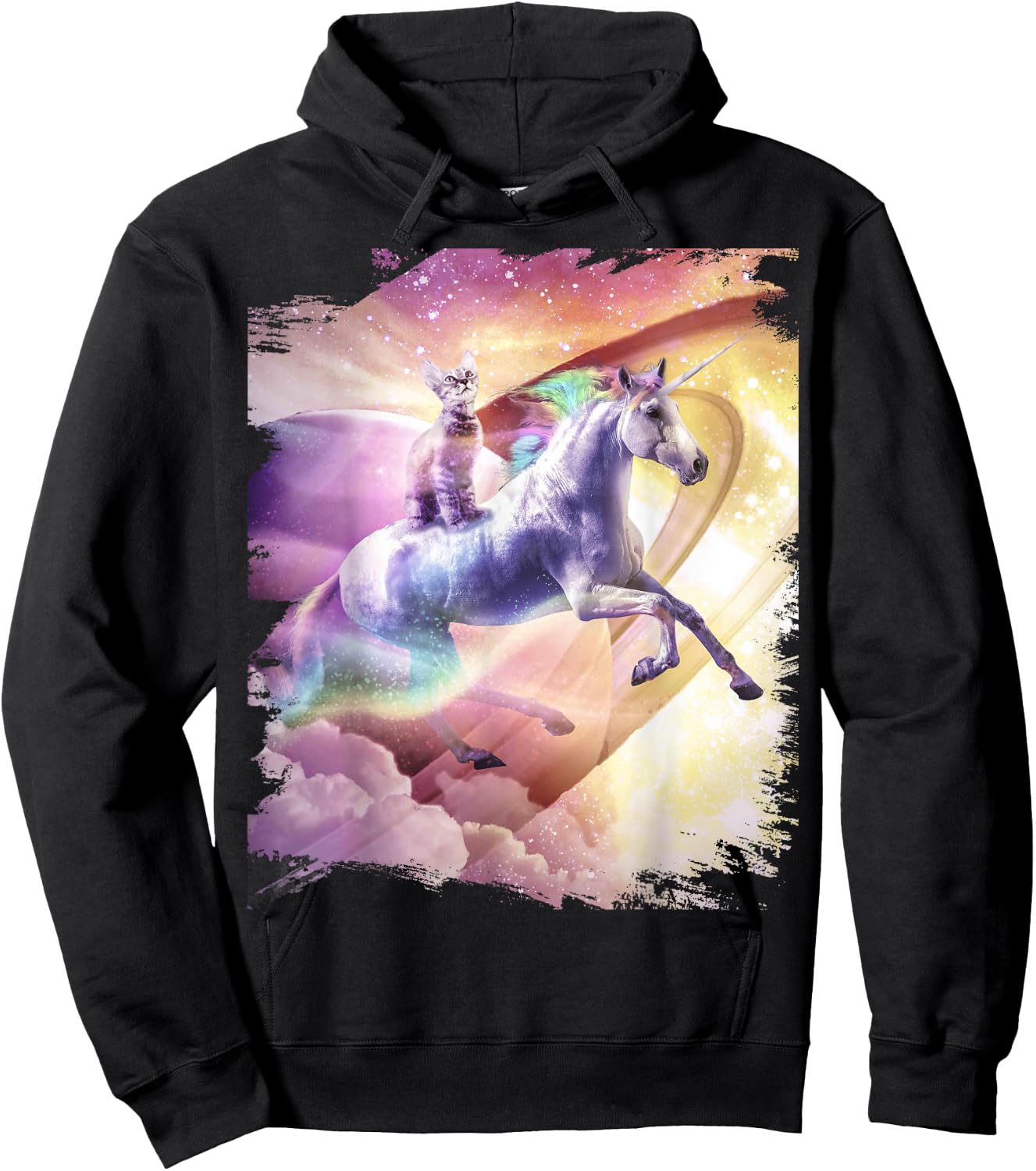 Rainbow Galaxy Cat Riding Unicorn in Space Women Girls Kids Hoodie - Hoodie | Black