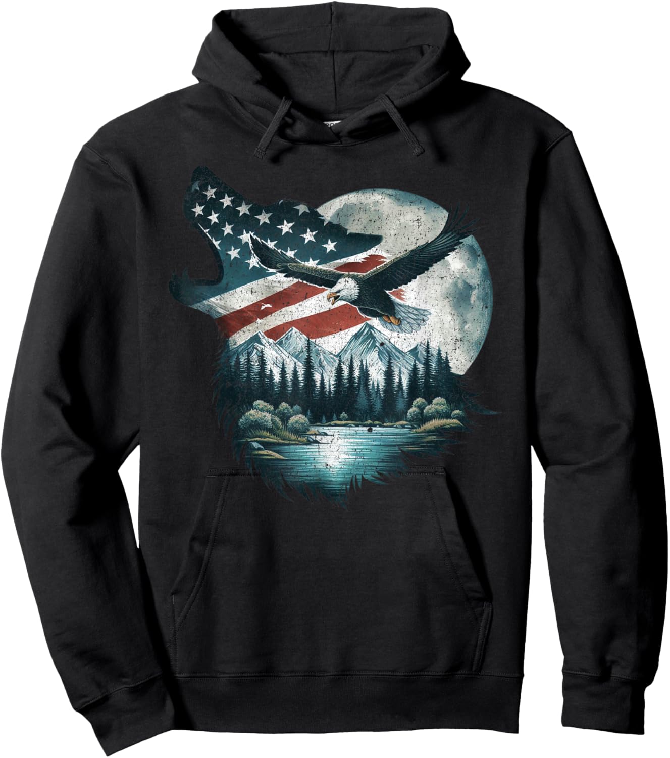Bald Eagle Wolf US Flag 4th Of July Patriotic Man Woman Hoodie - Hoodie | Black