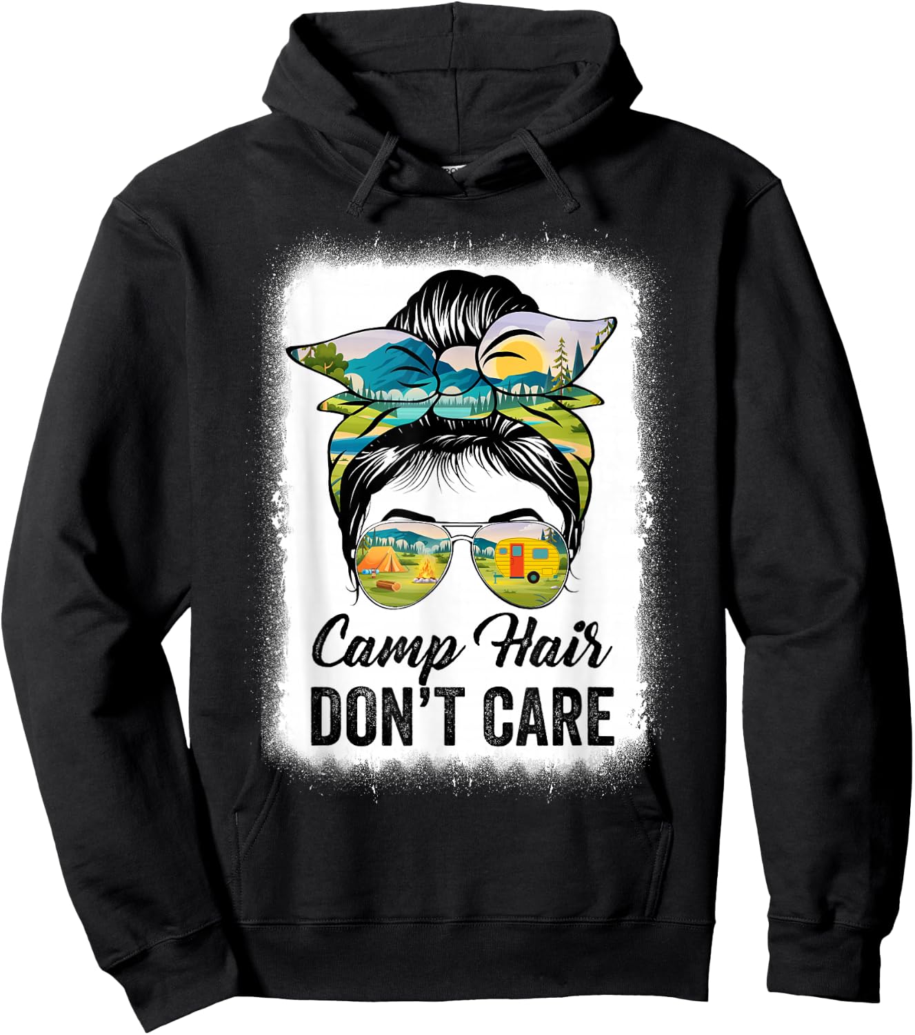 Camp Hair Don't Care Camper Camping Messy Bun Hair Hoodie - Hoodie | Black
