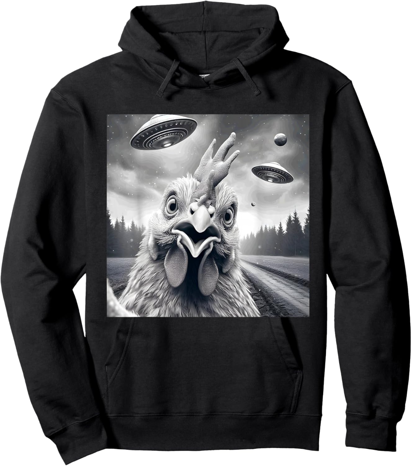 Chicken Rooster Funny Graphic Selfie with UFOs Weird Aliens Hoodie - Hoodie | Black
