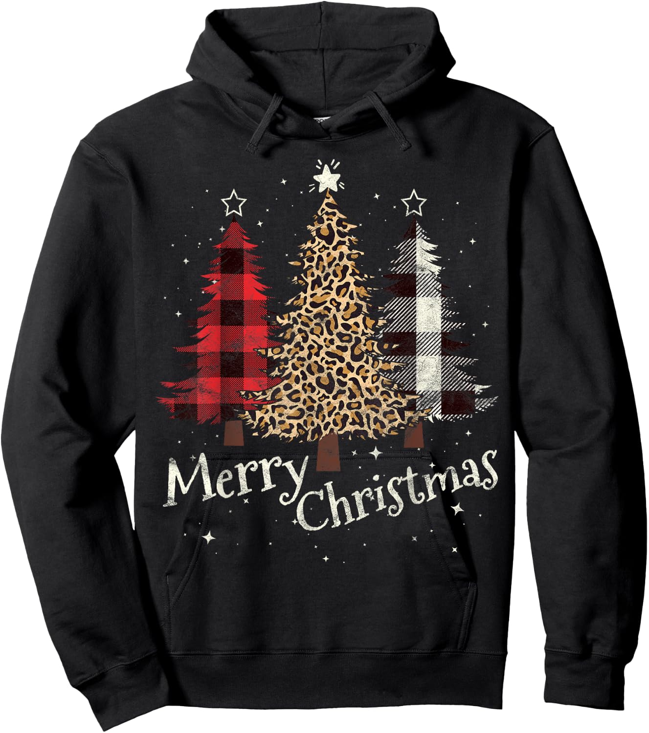 Merry Christmas Gift Three Xmas Trees Buffalo Plaid Woman Hoodie - Hoodie | Black