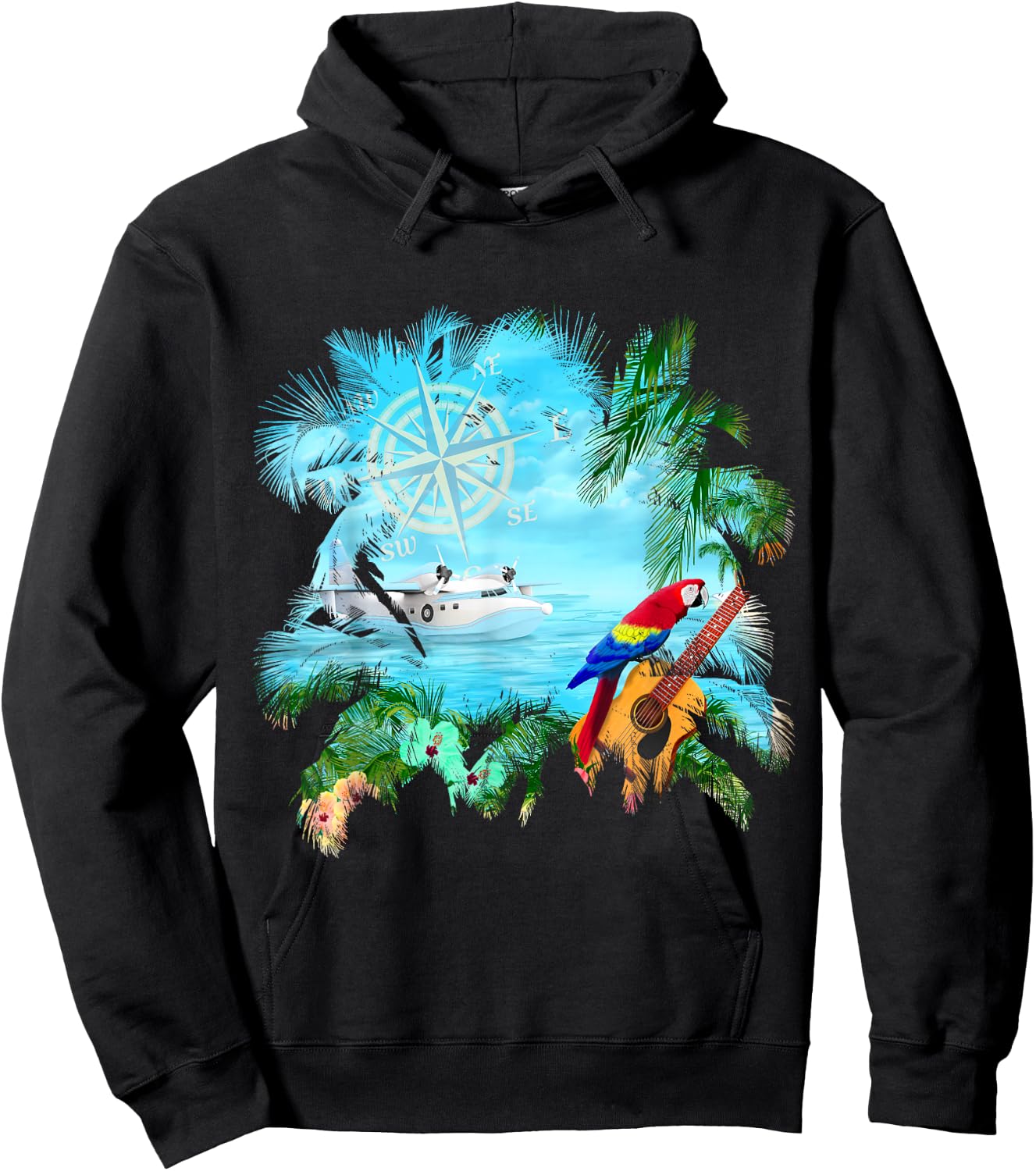 Beachside Dream Seaplane, Parrot, and Guitar Hoodie - Hoodie | Black