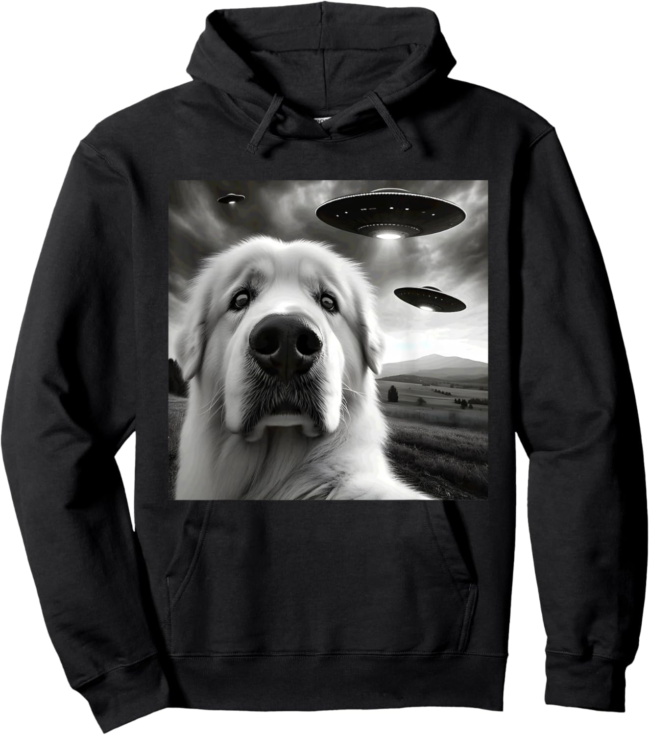 Great Pyrenees Funny Graphic Selfie with UFOs Weird Aliens Hoodie - Hoodie | Black