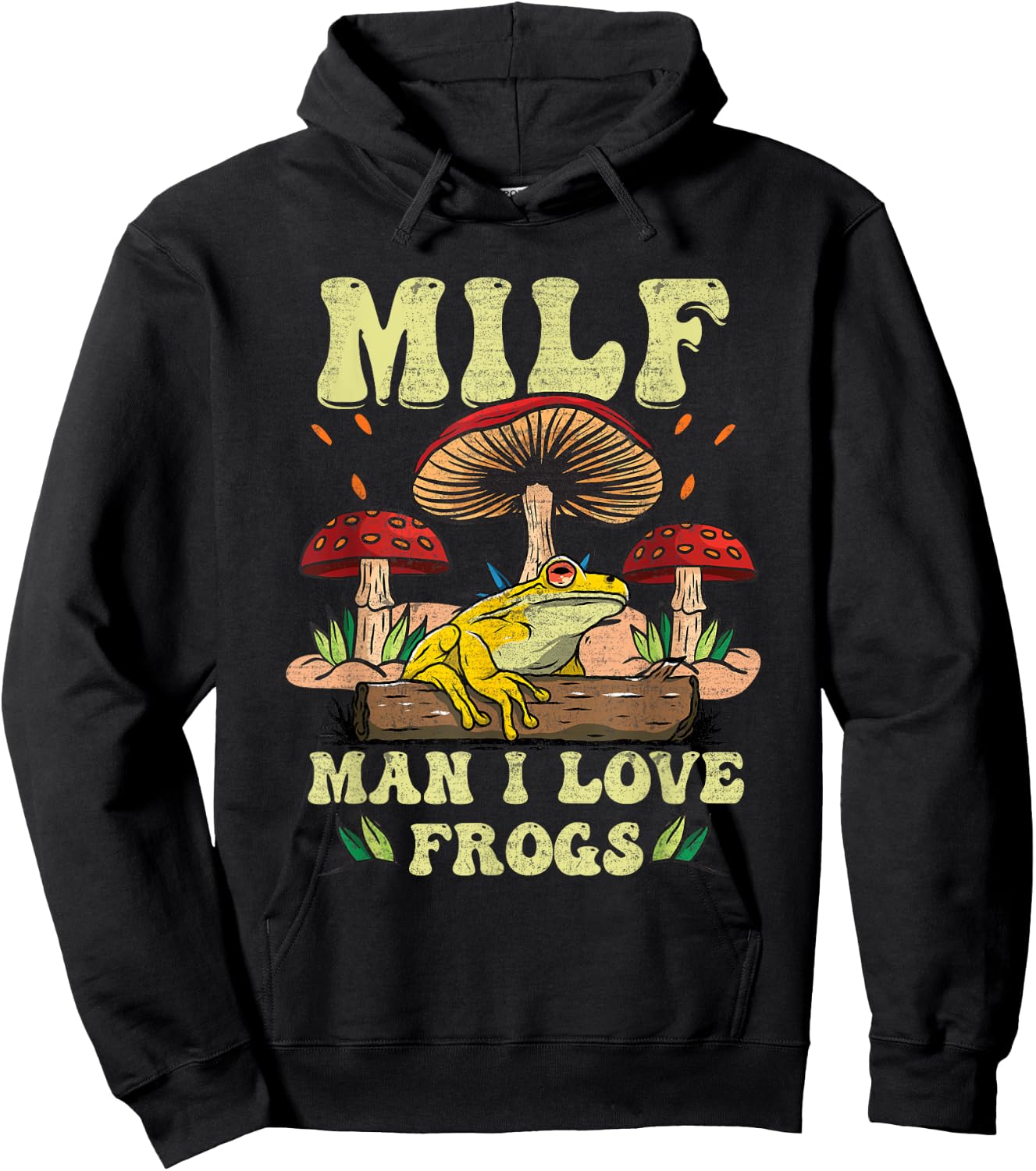 M I L F Man I Love Frogs Vintage Frog And Fungi Mushroom Hoodie - Hoodie | Black