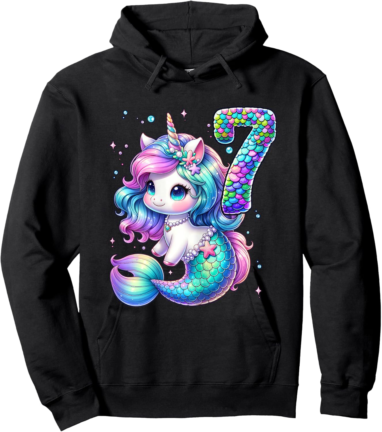 Unicorn Mermaid 7th Birthday 7 Year Old Party Girls Outfit Hoodie - Hoodie | Black