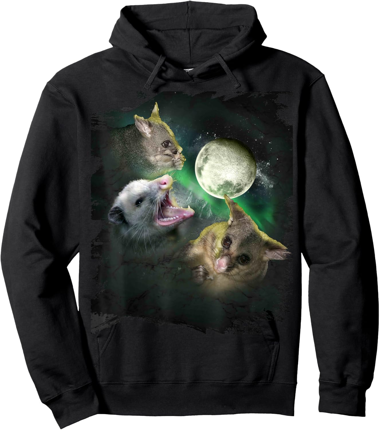 3 Three Possum Opossum Moon, Wolf Howling Hoodie - Hoodie | Black