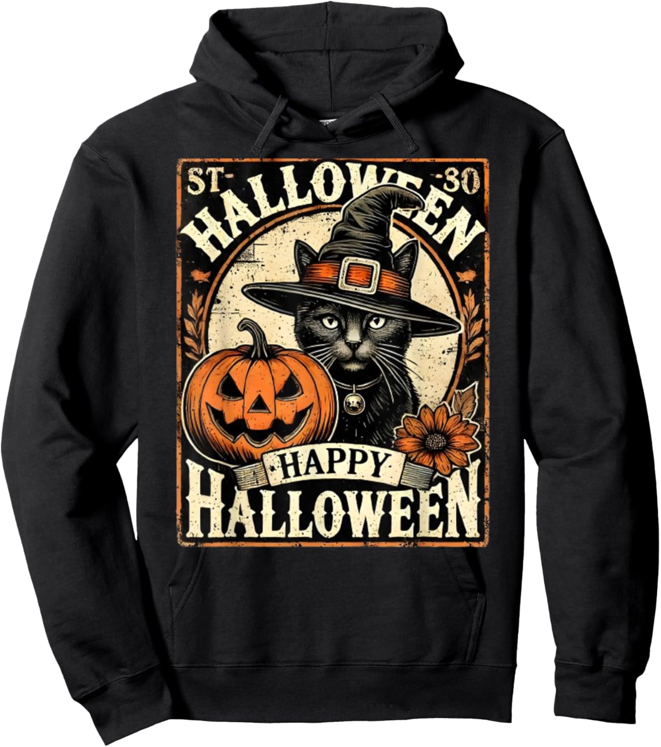 Vintage Halloween Shirt Black Cat With Witches Hat Women Kids Hoodie - Hoodie | Black