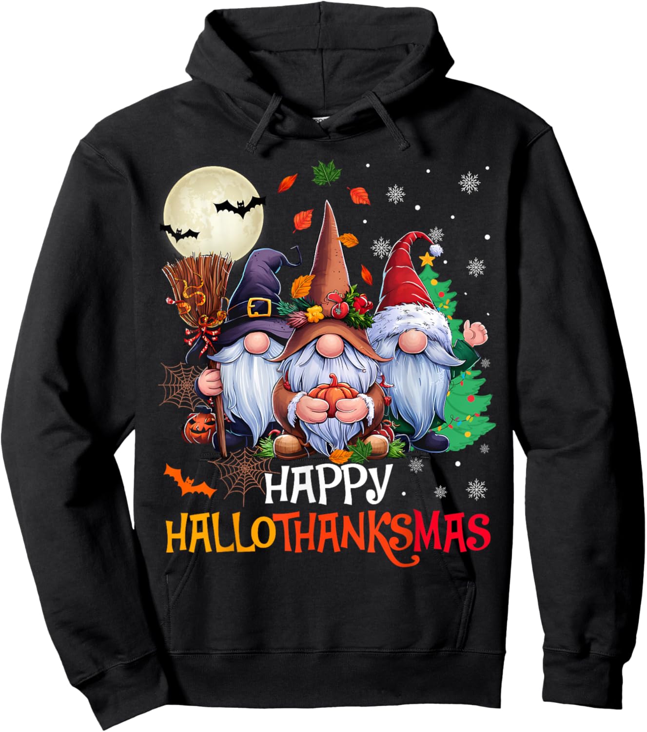 Happy Hallothanksmas Gnomes Lover Halloween Merry Christmas Hoodie - Hoodie | Black