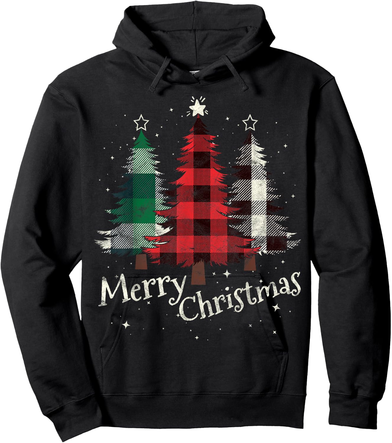 Merry Christmas Three Xmas Trees Buffalo Plaid Woman Gift Hoodie - Hoodie | Black