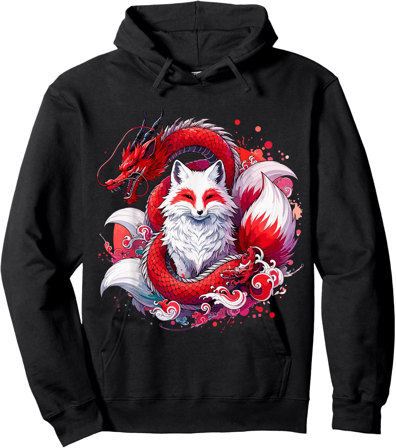 Nine-tailed Fox Kitsune Dragon Japanese Hoodie - Hoodie | Black