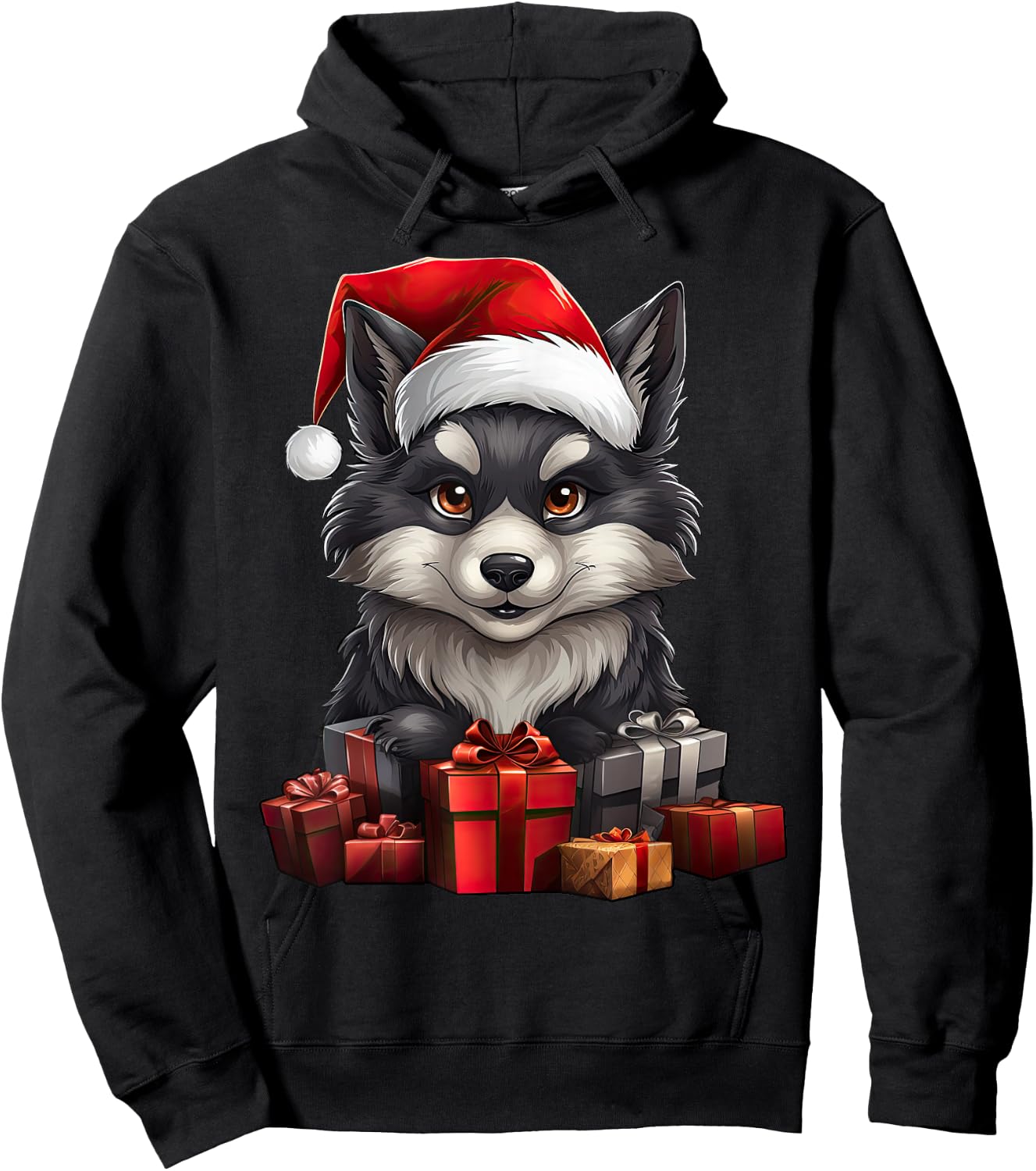 Wolf Santa Claus Hat Christmas Pajama Xmas Party Hoodie - Hoodie | Black