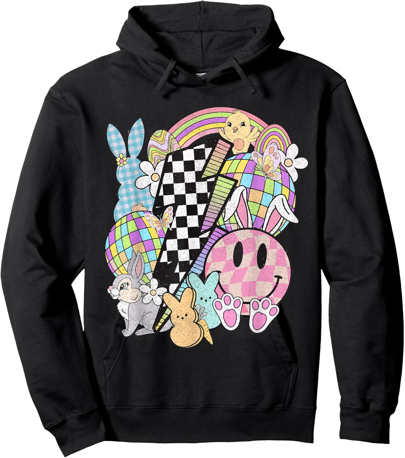 Retro Groovy Happy Easter Bunny Smile Face For Girls Hoodie - Hoodie | Black