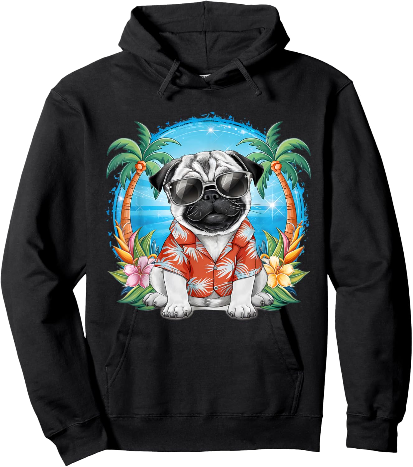 Funny Pug Summer Hawaiian Vibes Tropical Beach Women Hoodie - Hoodie | Black
