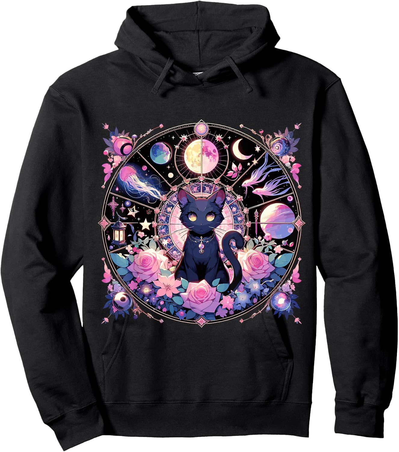 Moon Phases Crystal Witchy Cute Black Cat Kawaii Pastel Goth Hoodie - Hoodie | Black