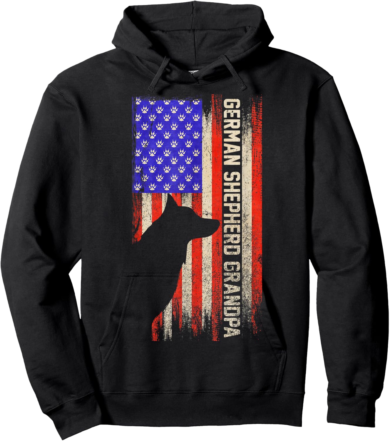 Vintage USA Flag Proud German Shepherd Grandpa Silhouette Hoodie - Hoodie | Black