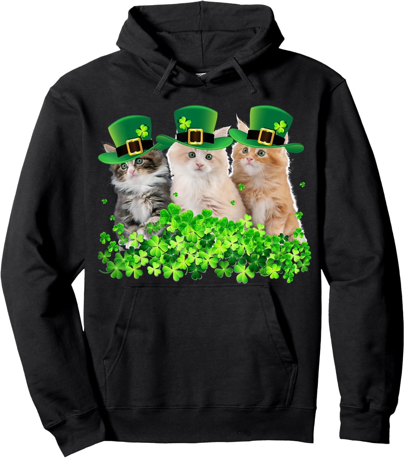 Three Cat St Patricks Day Kitty Kitten Lover Irish Hoodie - Hoodie | Black