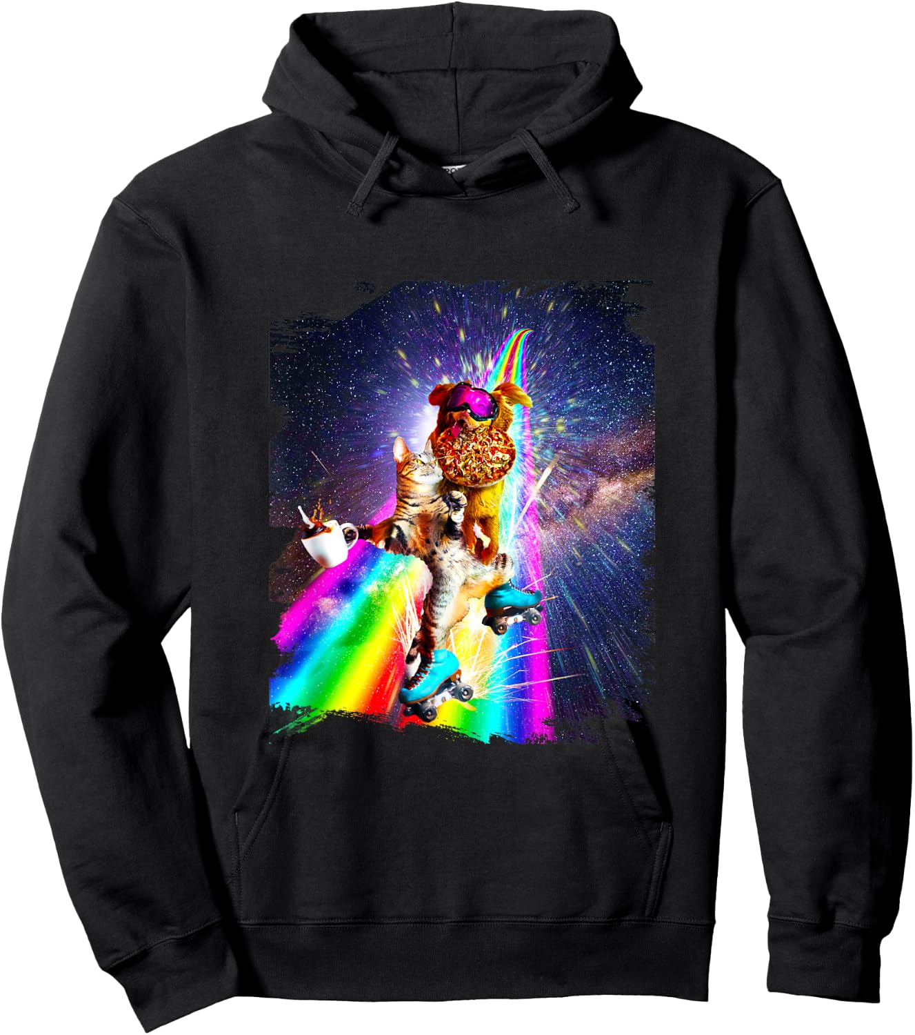 Dog Cat On Roller Skates With Pizza Coffee Hoodie - Hoodie | Black