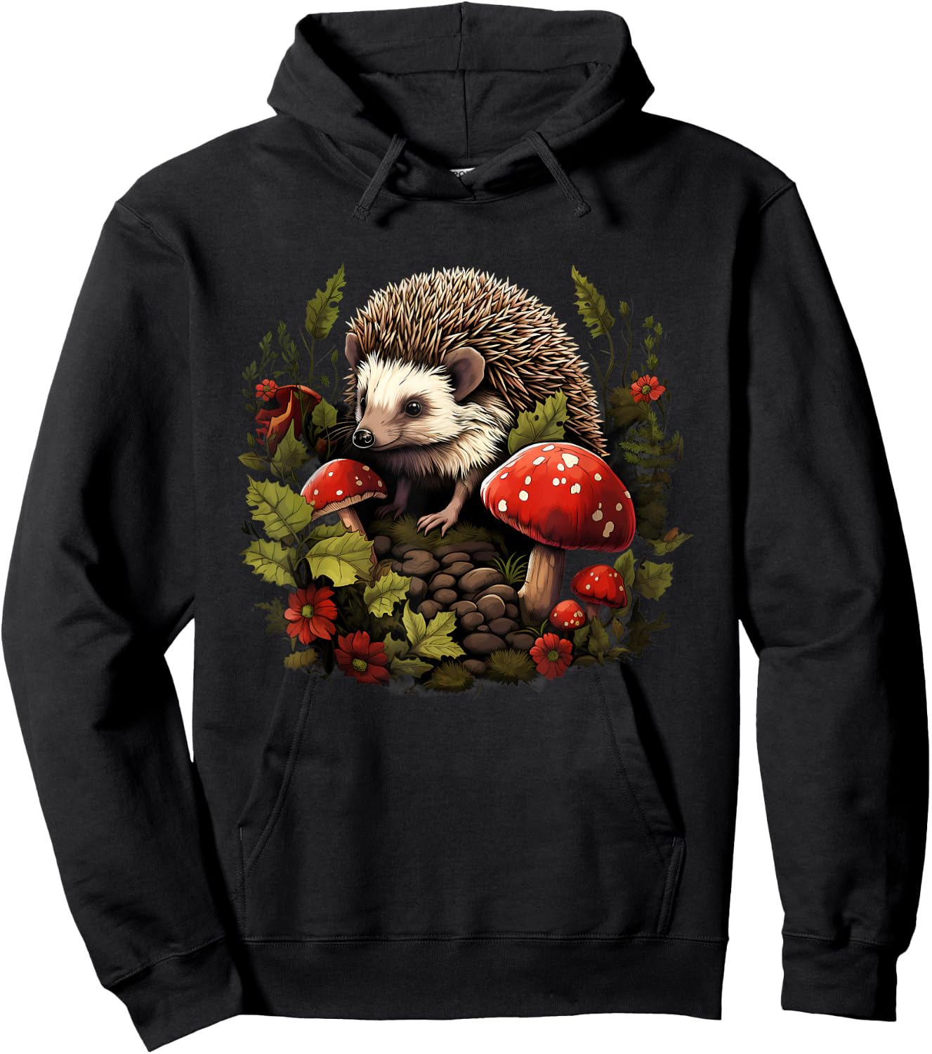 Hedgehog Landscape Animal Art Forest Wildlife Floral Artwork Hoodie - Hoodie | Black