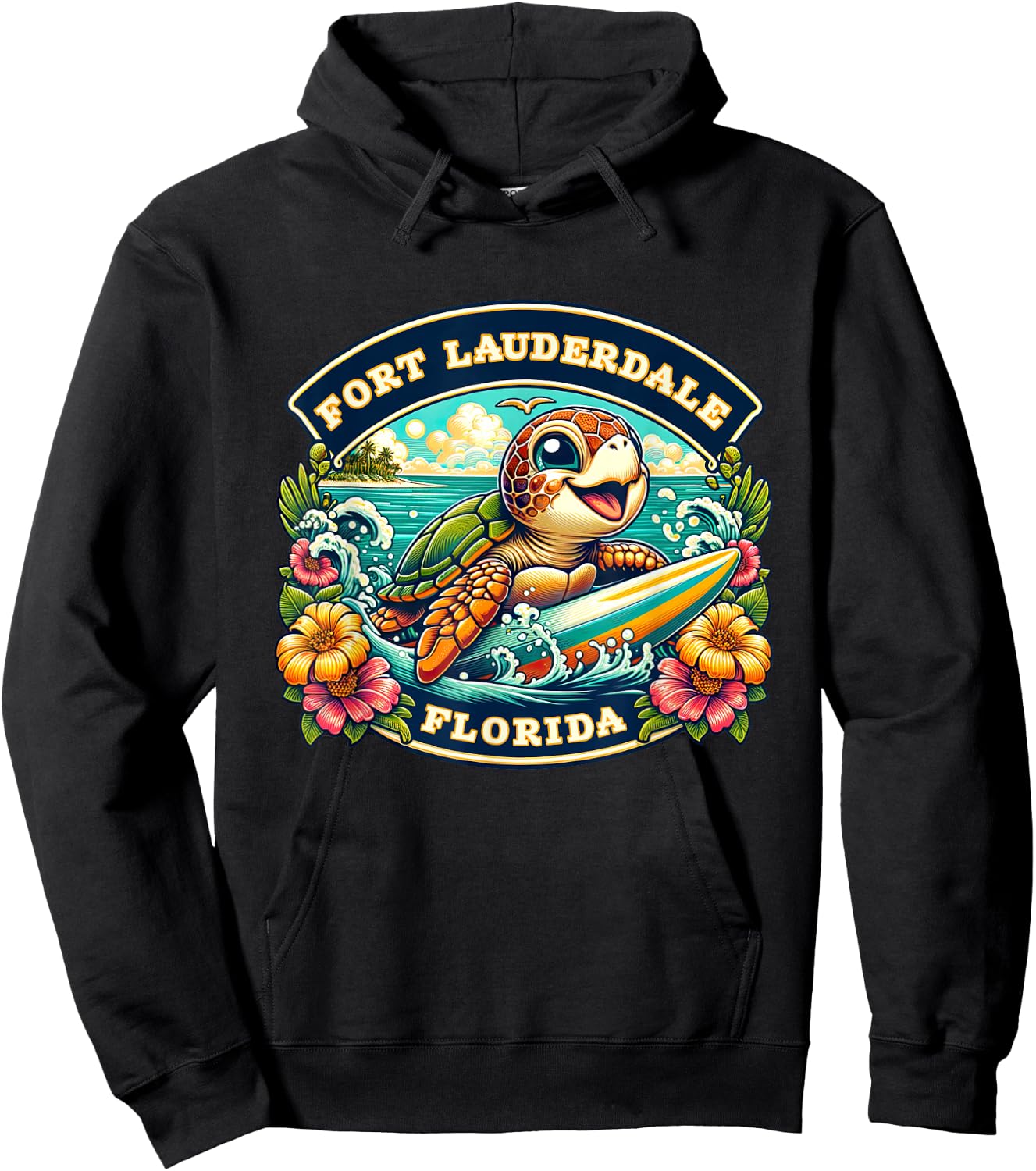 Fort Lauderdale Florida Cute Sea Turtle Surfing Hoodie - Hoodie | Black