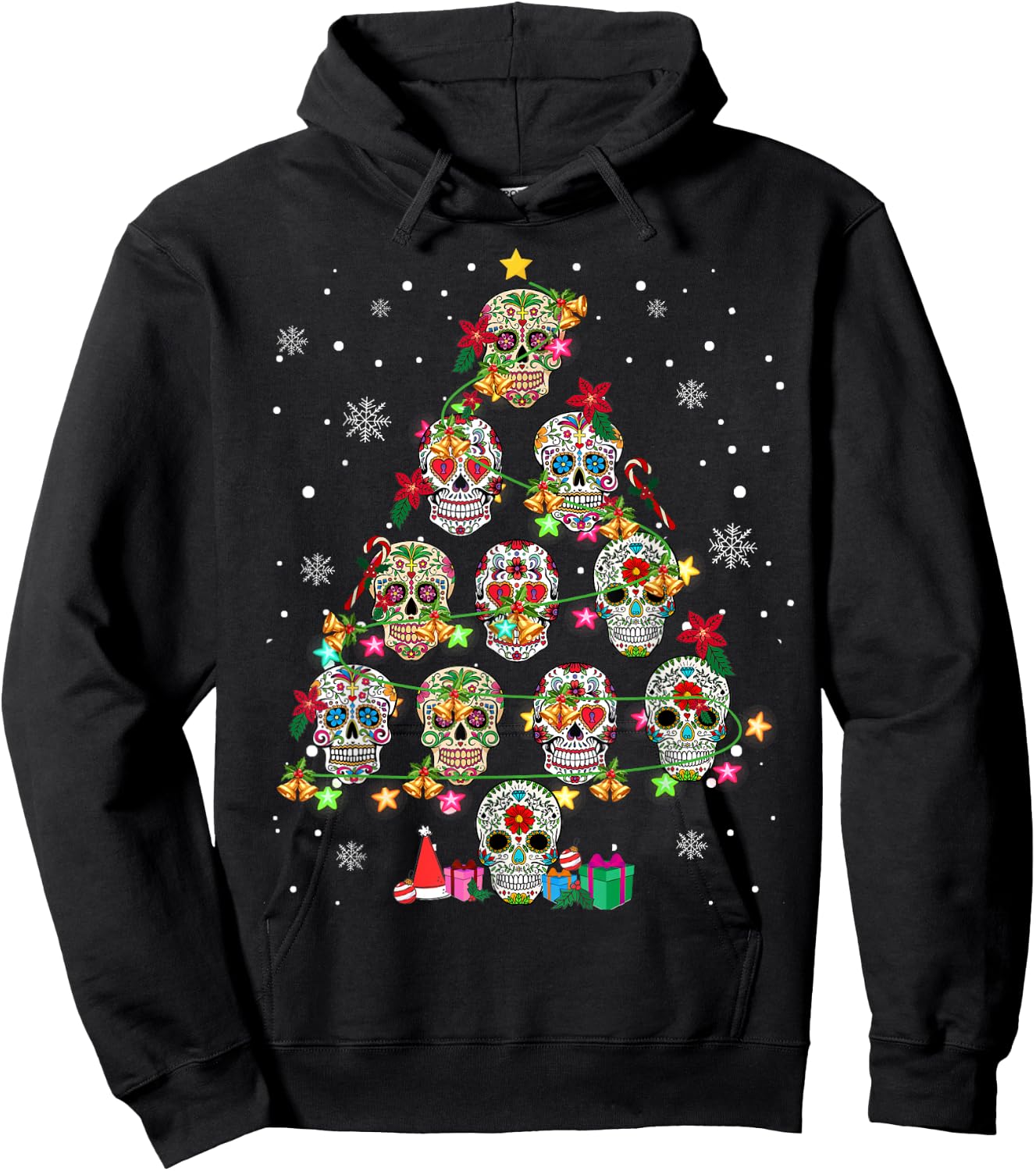 Skull Christmas Tree Funny Mexican Flower Sugar Skull Hoodie - Hoodie | Black