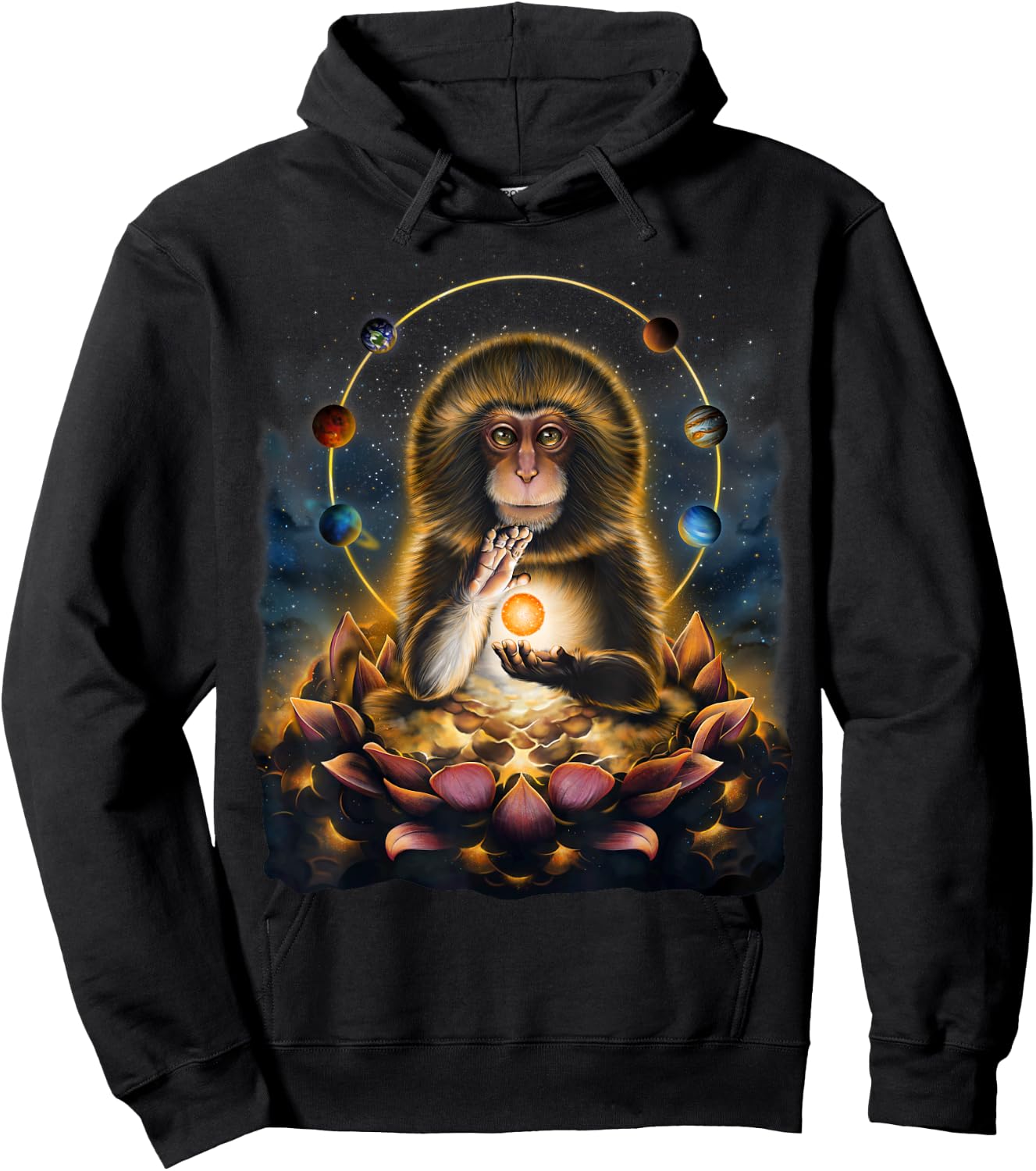 Celestial Monkey Holding Sun Surrounded by Planets and Lotus Hoodie - Hoodie | Black