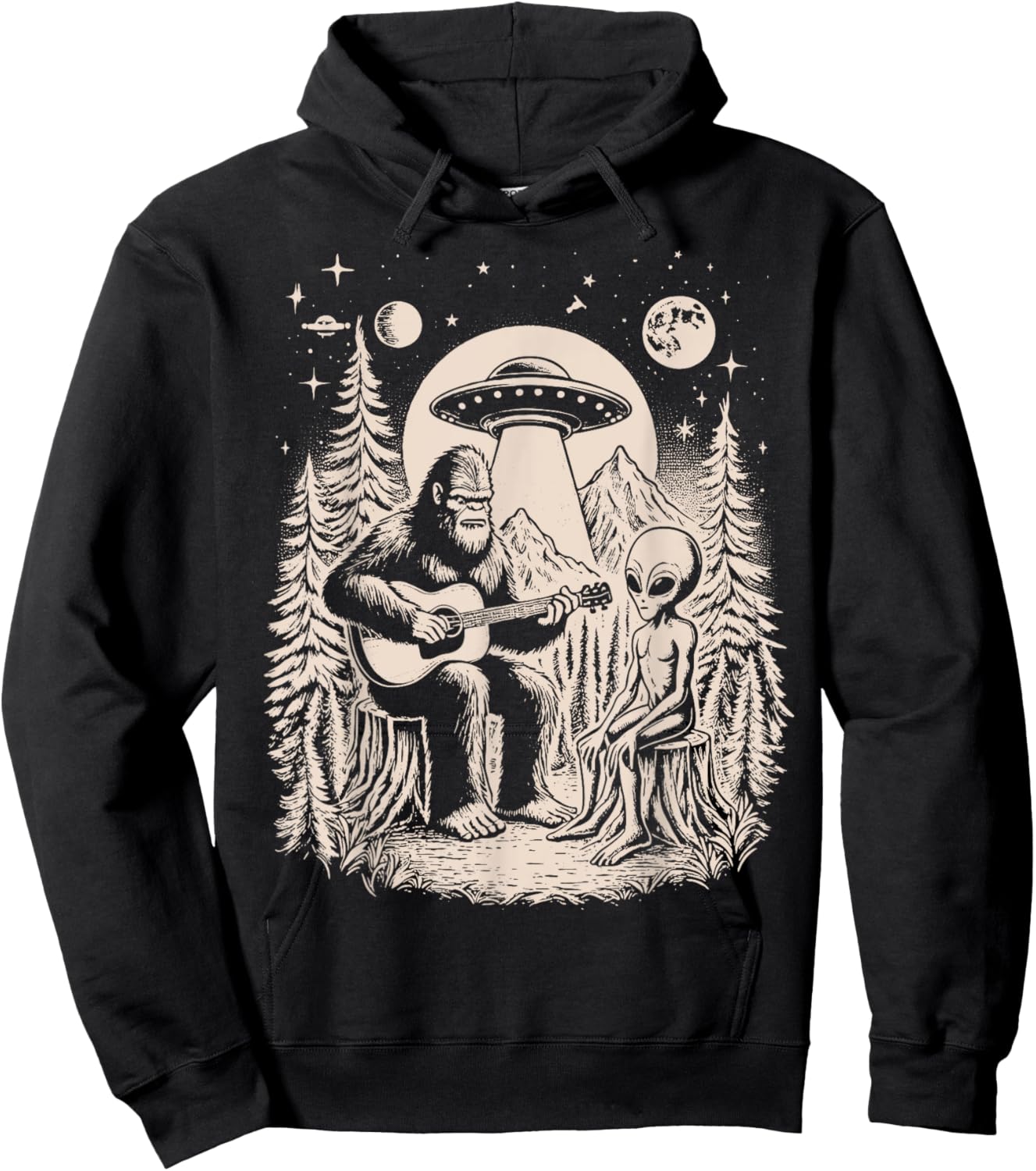 Funny Big Foot Alien Spaceship Big Foot Sasquatch Ape Guitar Hoodie - Hoodie | Black