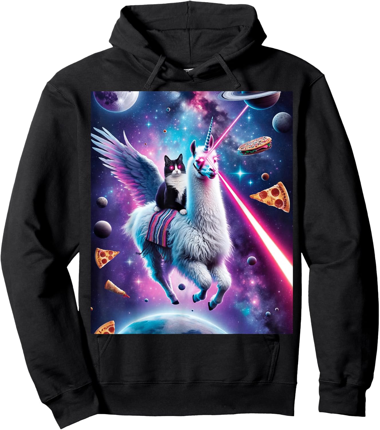 Laser Eyes Outer Space Cat Riding Llama Unicorn Ufo Tacos Hoodie - Hoodie | Black