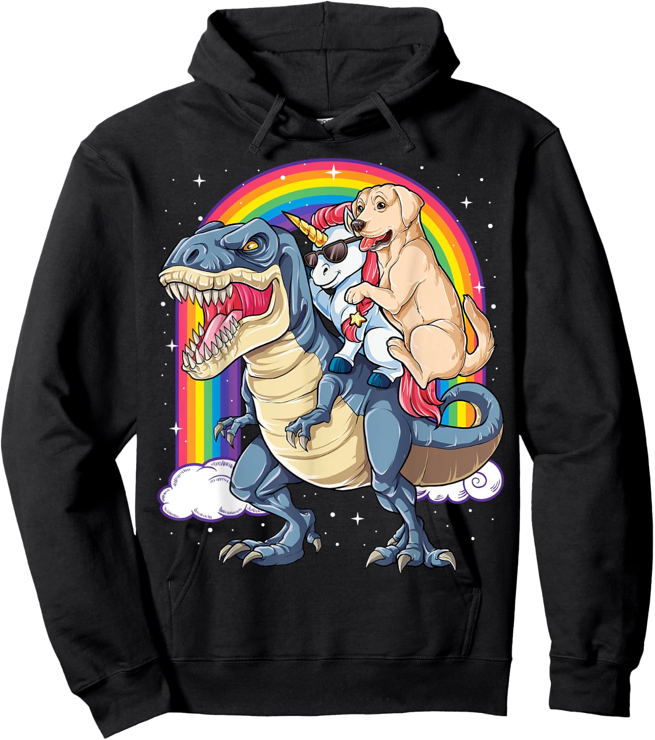 Labrador Unicorn Riding Dinosaur T-rex Girls Kids Rainbow Hoodie - Hoodie | Black