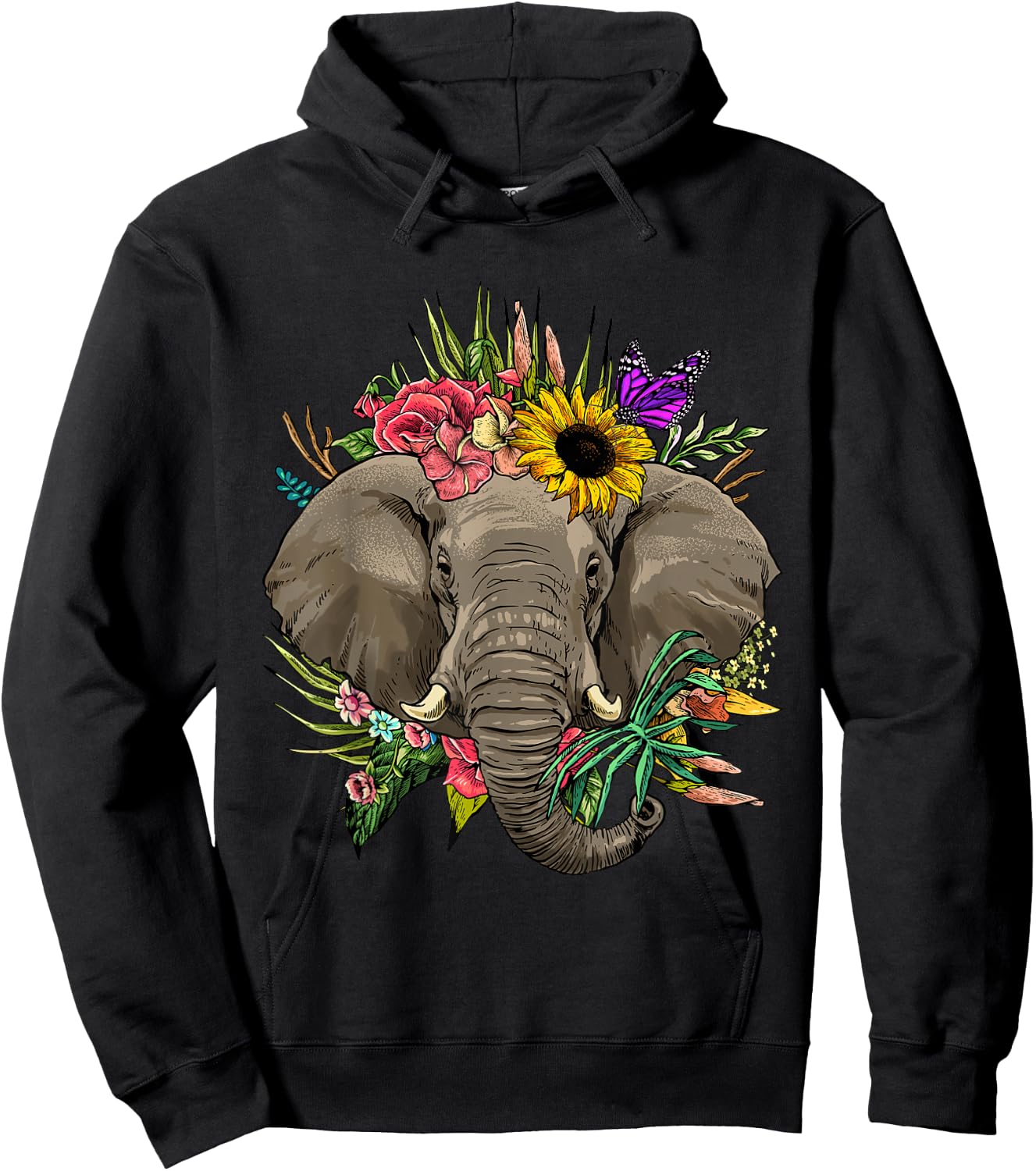 Wowsome! Elephant Floral Animal Face Elephant Lovers -Adults Hoodie - Hoodie | Black