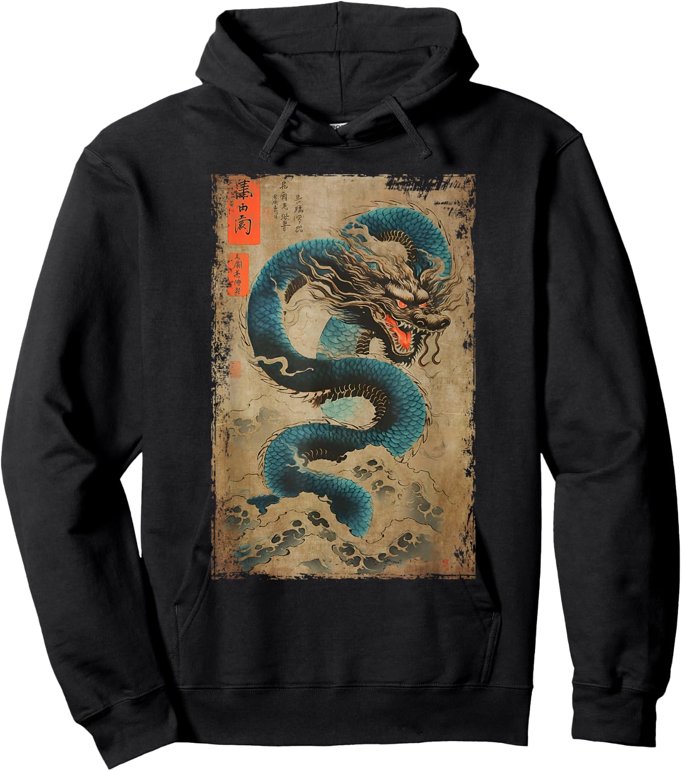 Japanese Dragon and The Great Wave off Kanagawa Woodblock Hoodie - Hoodie | Black