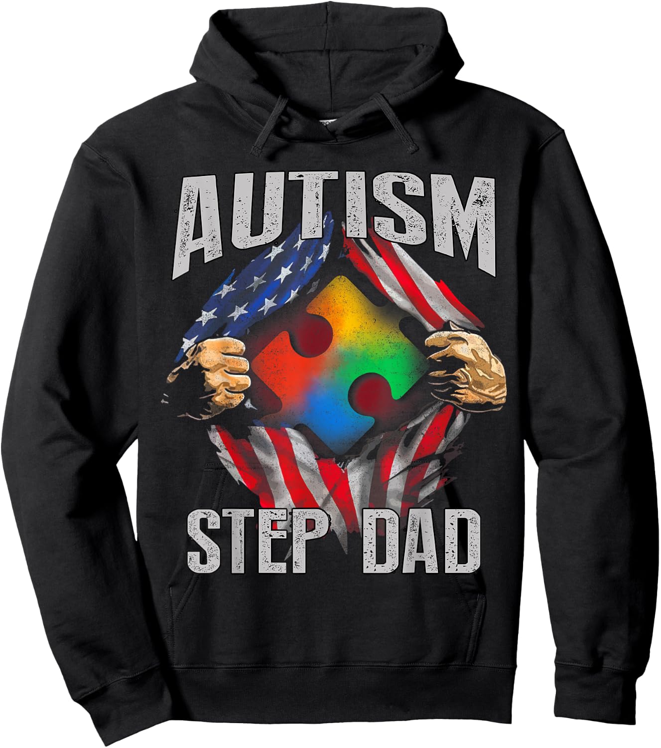 Autism Step Dad American Flag Autism Awareness Hoodie - Hoodie | Black