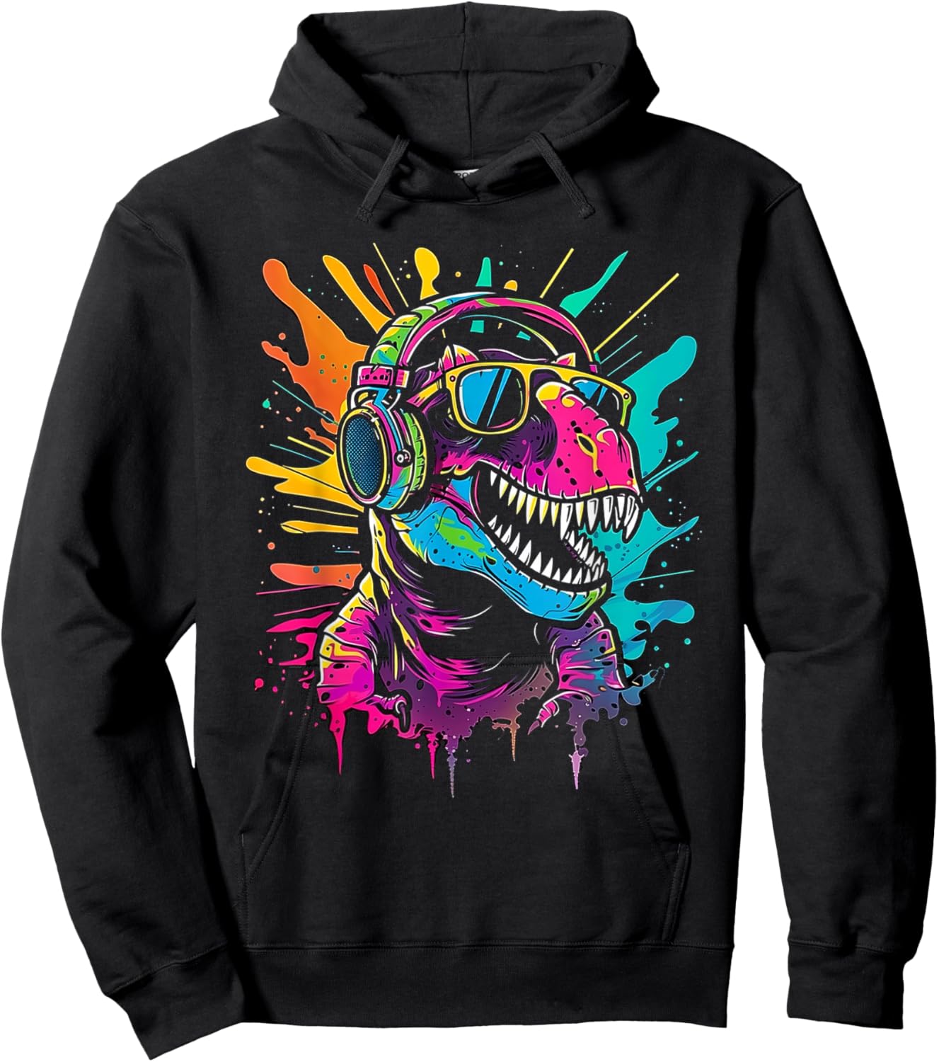 colored dinosaur DJ With Headphones and Sunglasses dino Hoodie - Hoodie | Black
