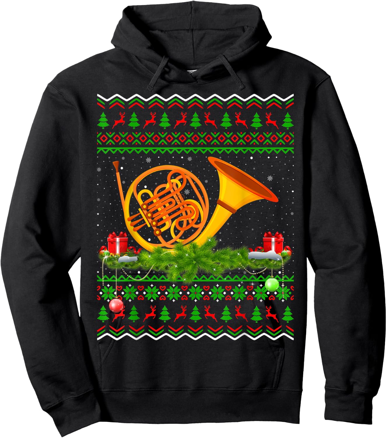 French Horn Music Lover Xmas Gift Ugly French Horn Christmas Hoodie - Hoodie | Black