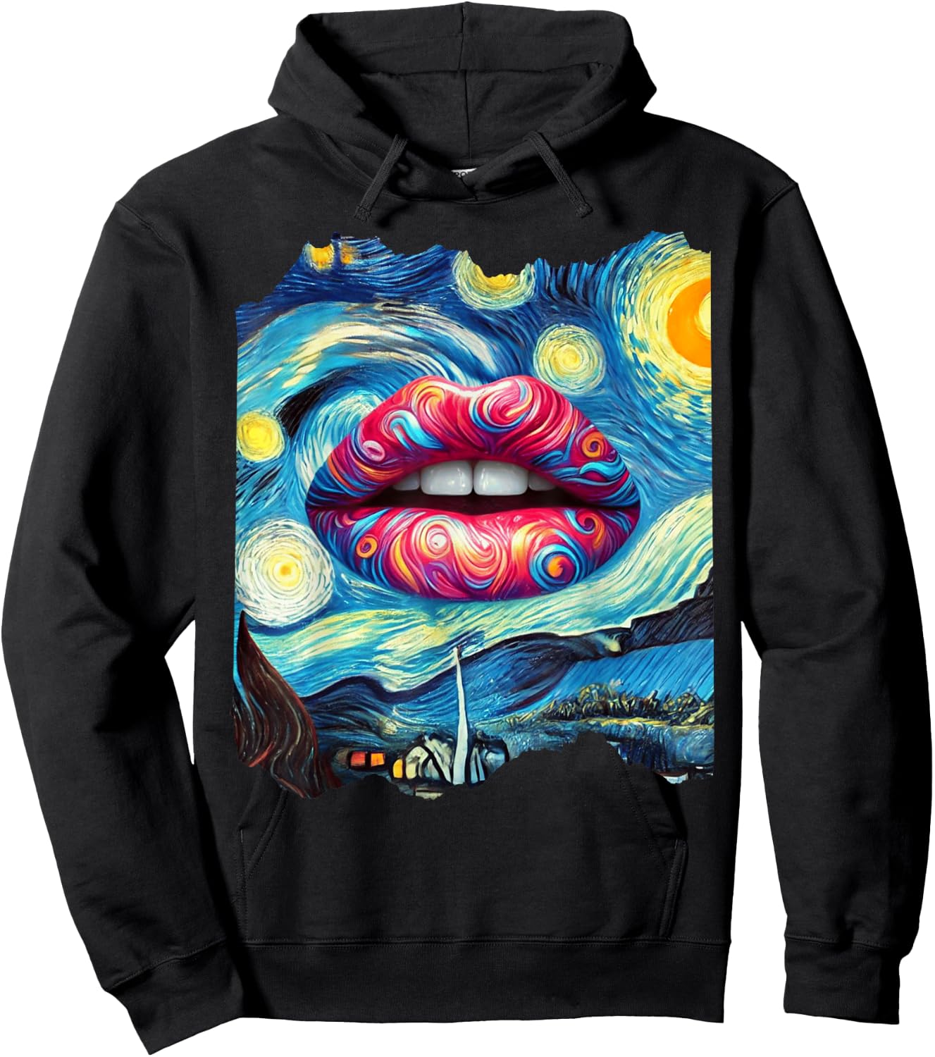 Lips Fashion Van Gogh Art Painting Star Sky Night Lips Hoodie - Hoodie | Black