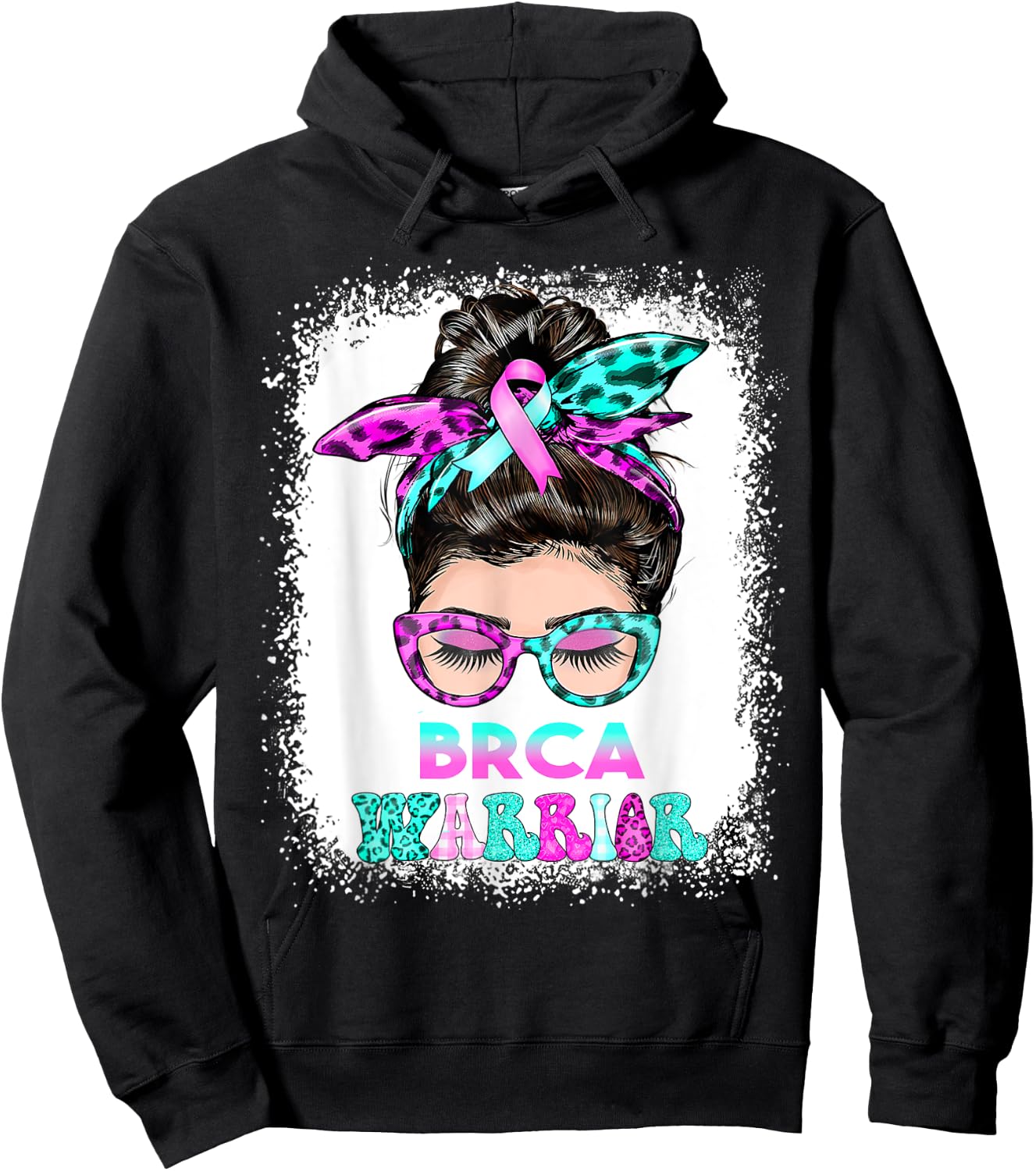 BRCA Warrior, pink-teal Messy Bun Breast Cancer Awareness Hoodie - Hoodie | Black