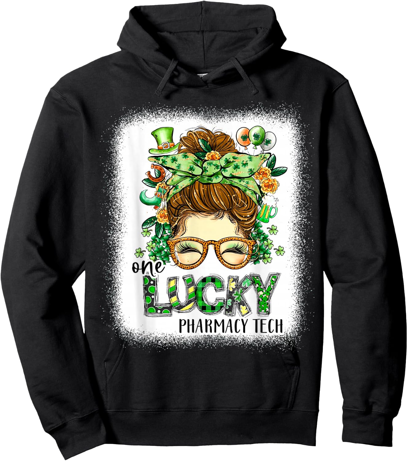 One Lucky Pharmacy Tech Bleached St Patricks Day Women Hoodie - Hoodie | Black