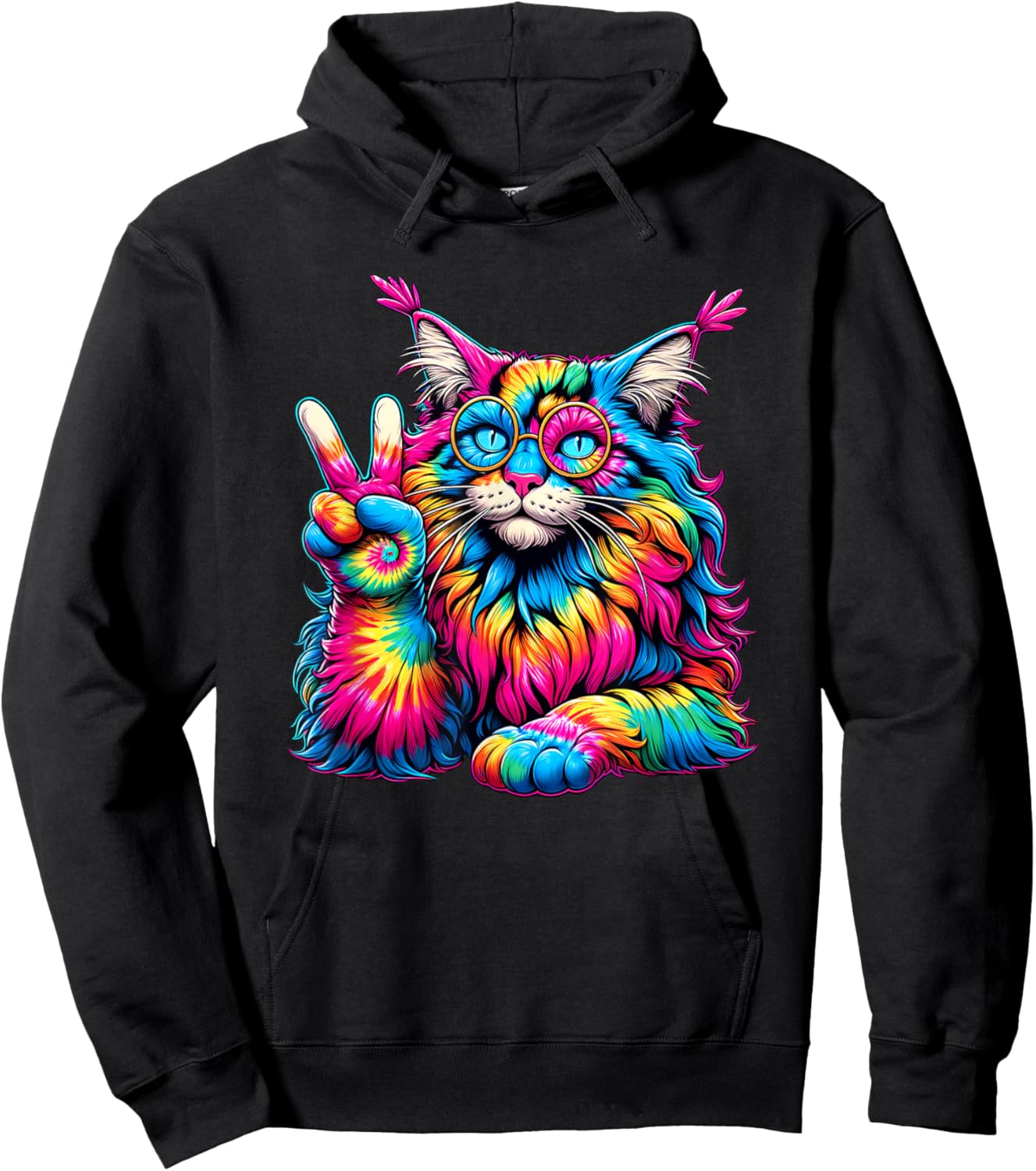 Peace Sign Tie Dye Maine Coon Cat Men Women Kids Hoodie - Hoodie | Black