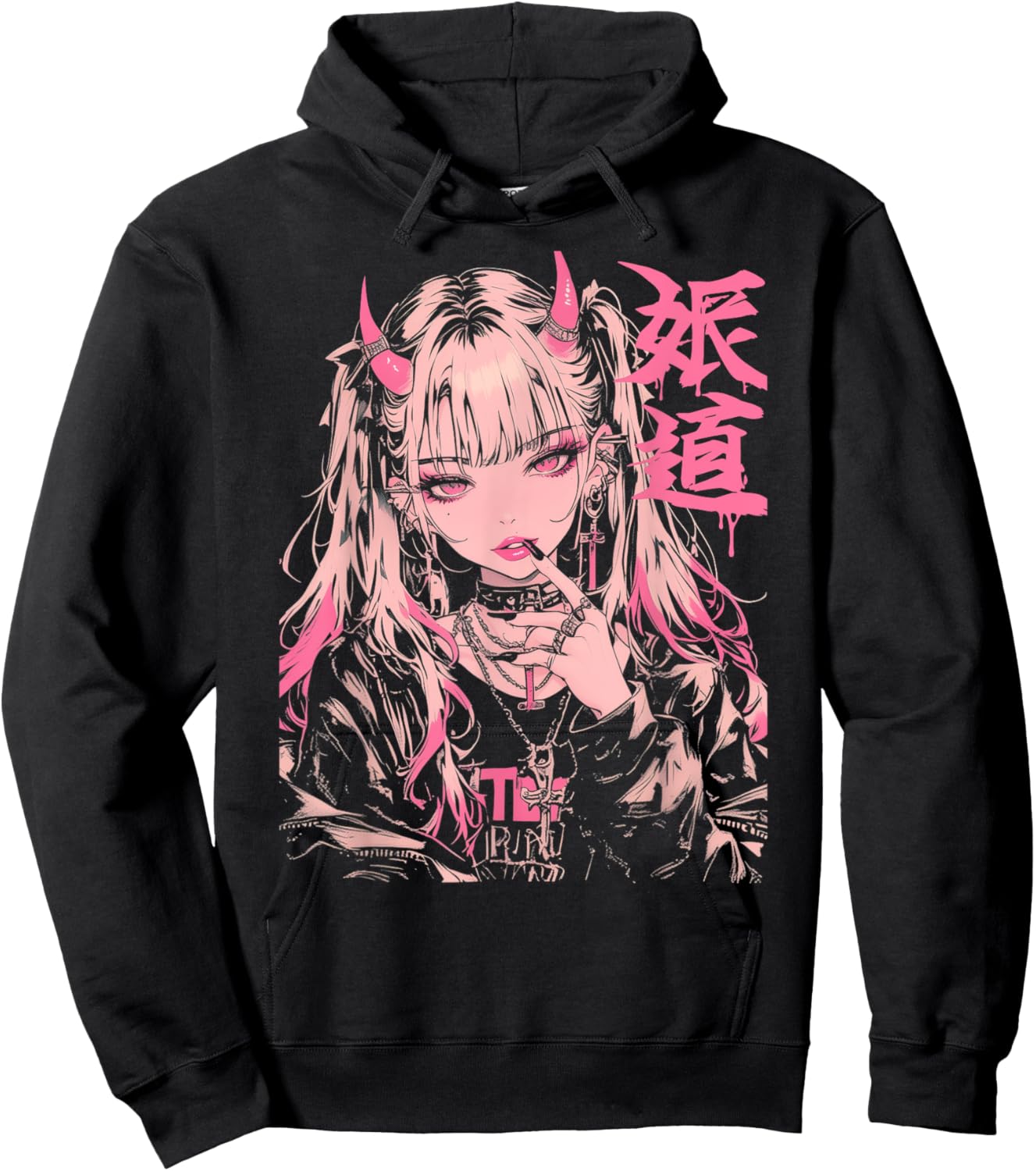 Goth Grunge Demon Anime Girl Waifu Horror Alt Aesthetic Hoodie - Hoodie | Black
