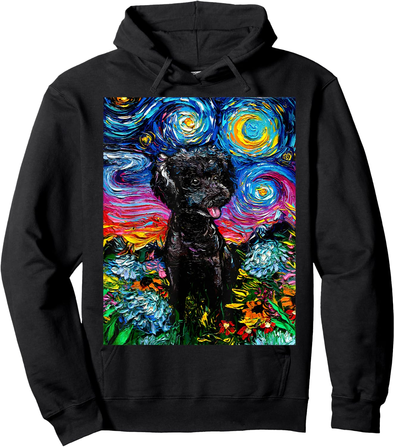 Cute Black Poodle and Flowers Starry Night Dog Art by Aja Women Kids Hoodie - Hoodie | Black