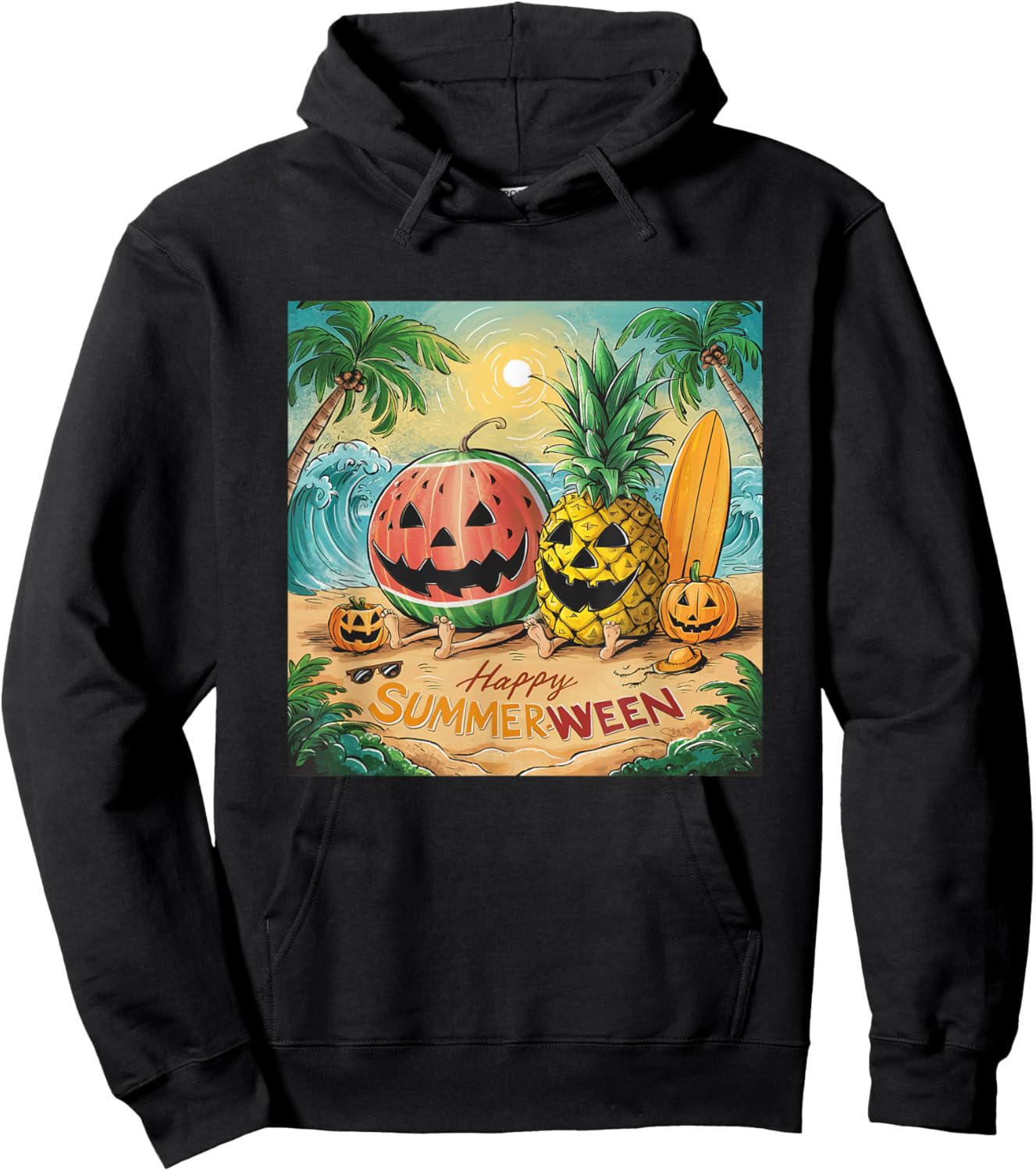 Happy Summerween Watermelon Pineapple Beach Vibes Halloween Women Kids Hoodie - Hoodie | Black