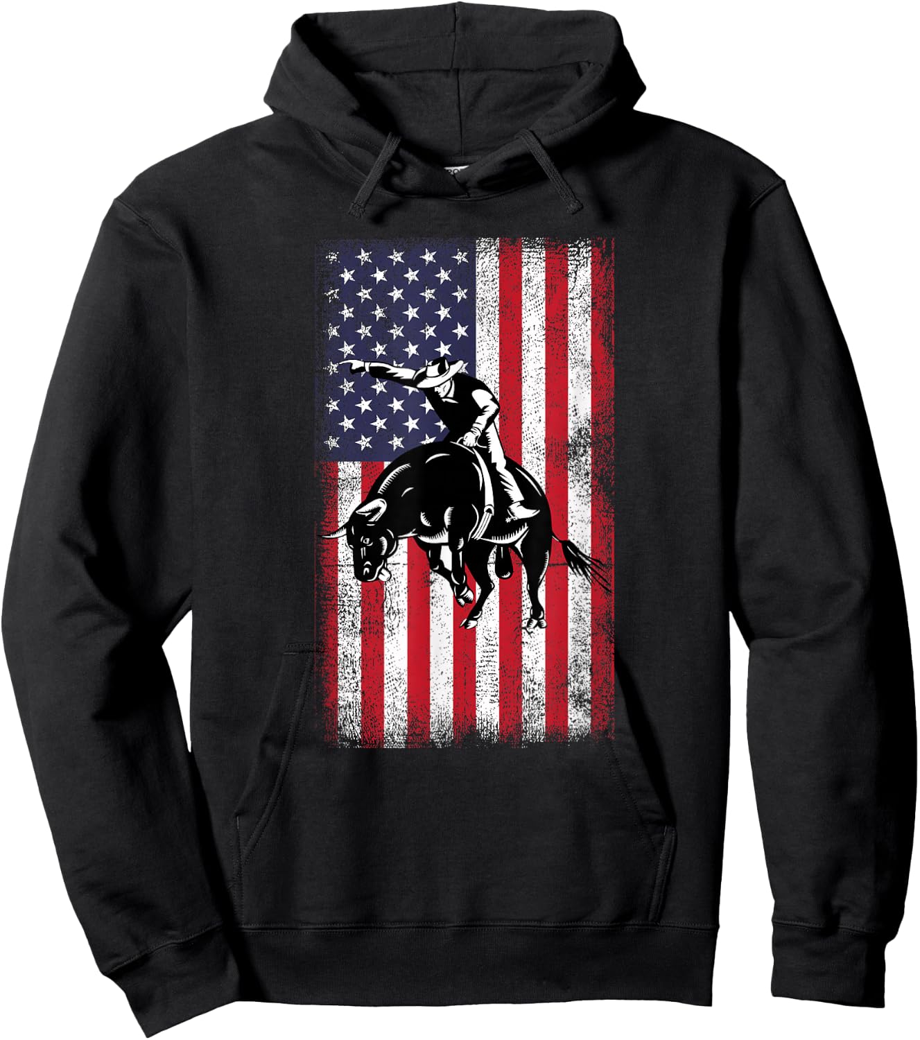 Rodeo Bull Rider Cowboys Patriotic American Flag Vintage Hoodie - Hoodie | Black