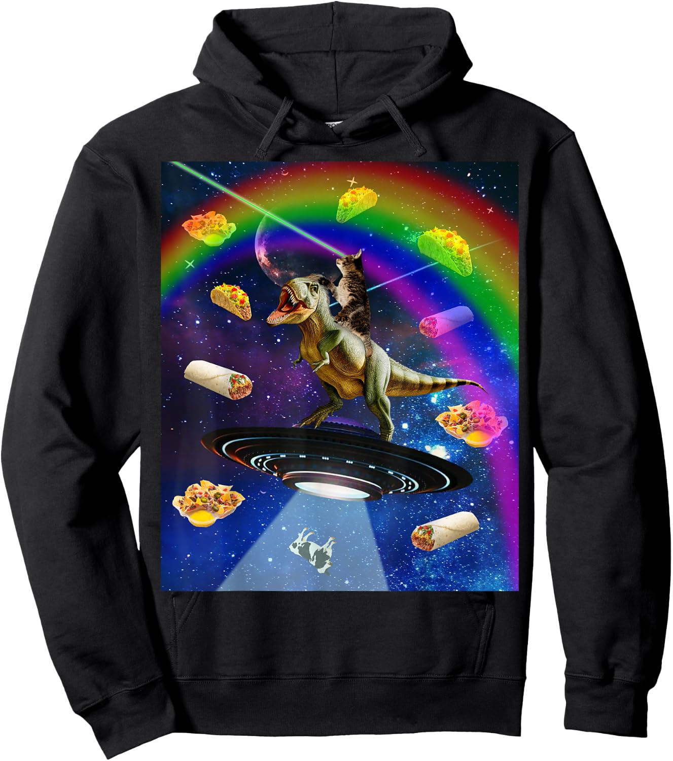 Laser Eyes Outer Space Cat Riding On T-Rex Dinosaur Women Hoodie - Hoodie | Black