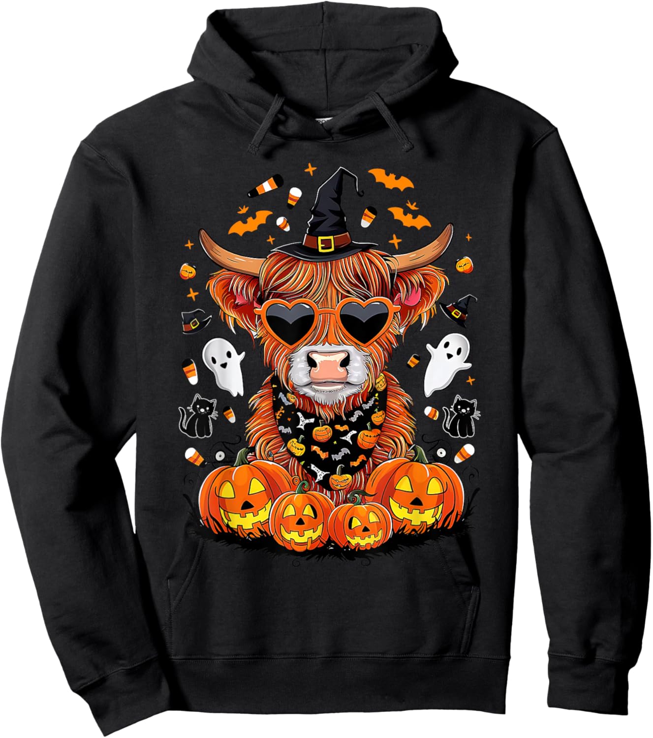 Halloween Highland Cow Farm Western Ghost Cow Witchy Pumpkin Hoodie - Hoodie | Black